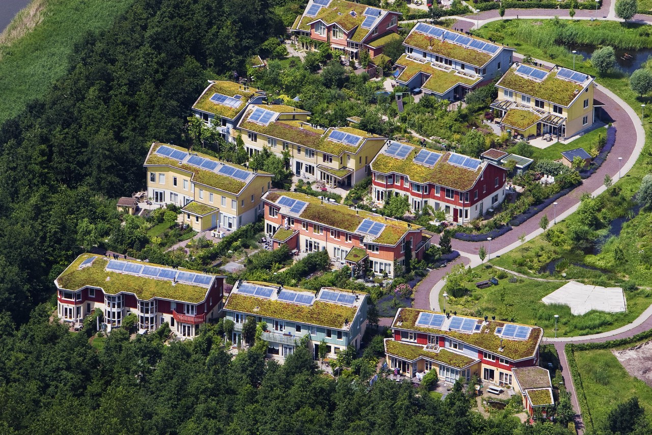 Hellende groendaken met zonnepanelen