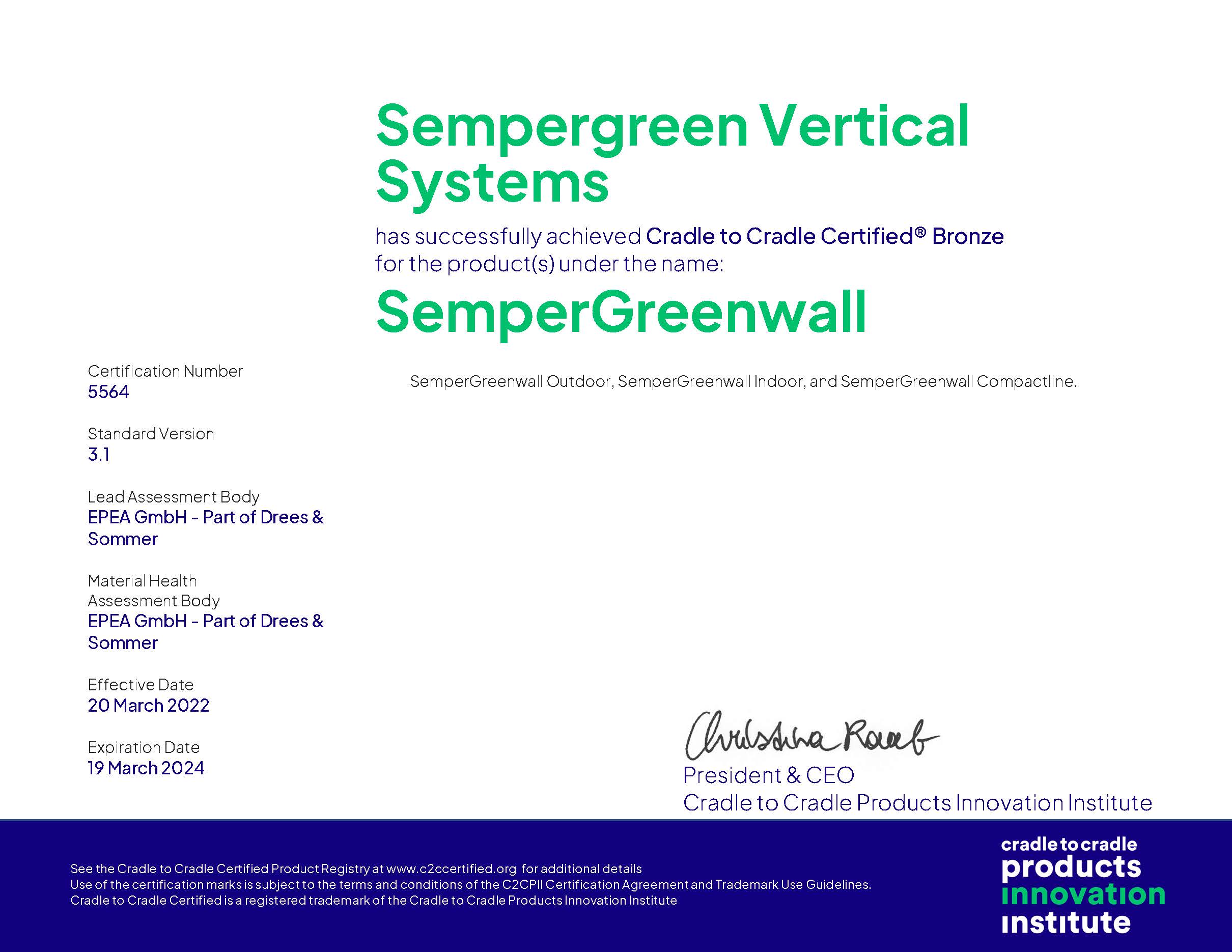 Cradle to Cradle Certificaat Sempergreen Vertical Systems 2022