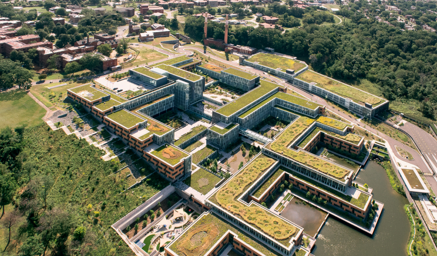 Huge office complex with vegetation blankets on the green roofs