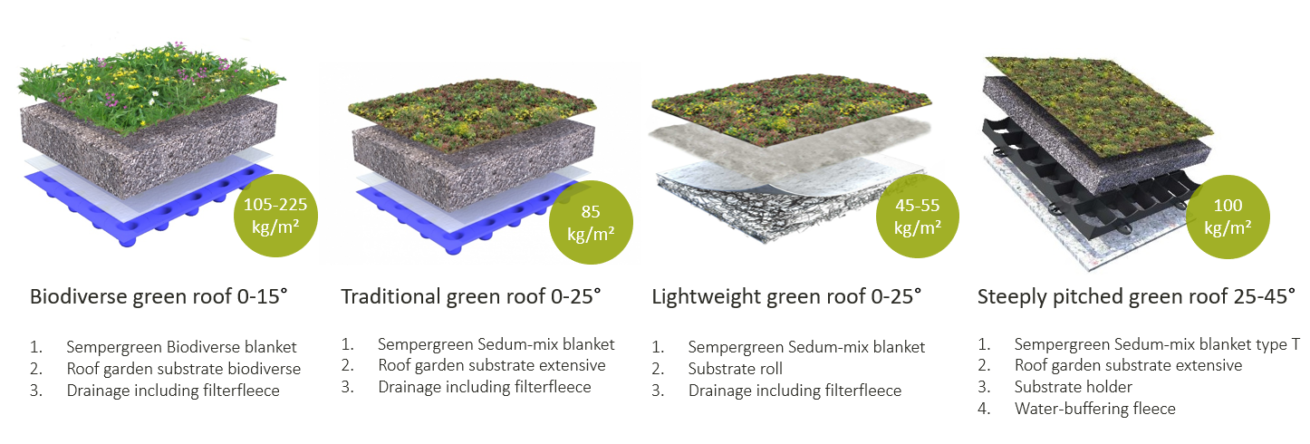Various Sempergreen green roof systems: biodiverse, traditional, lightweight and steeply pitched