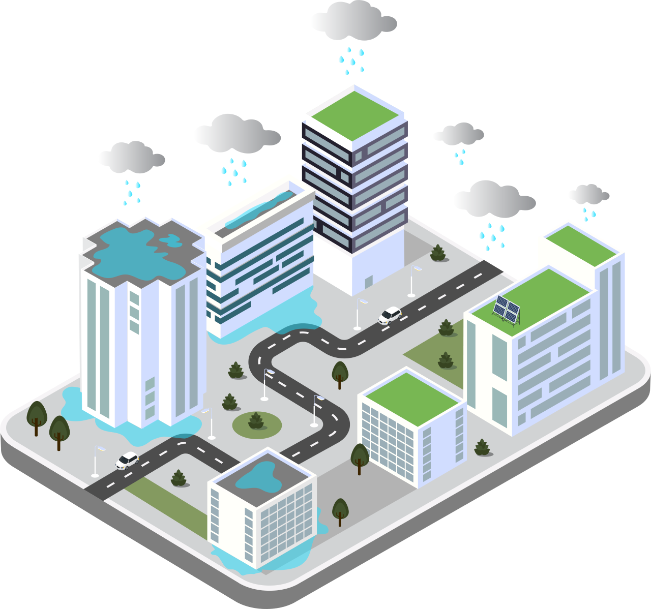 Infographic of a city using Detenion and Retention Roofs