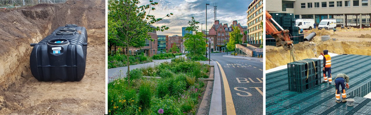 Solutions against flooding: water tank, bioswale, infiltratation crates