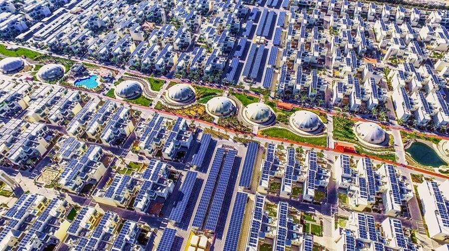 Helicopter view of The Sustainable City in Dubai, United Emirates