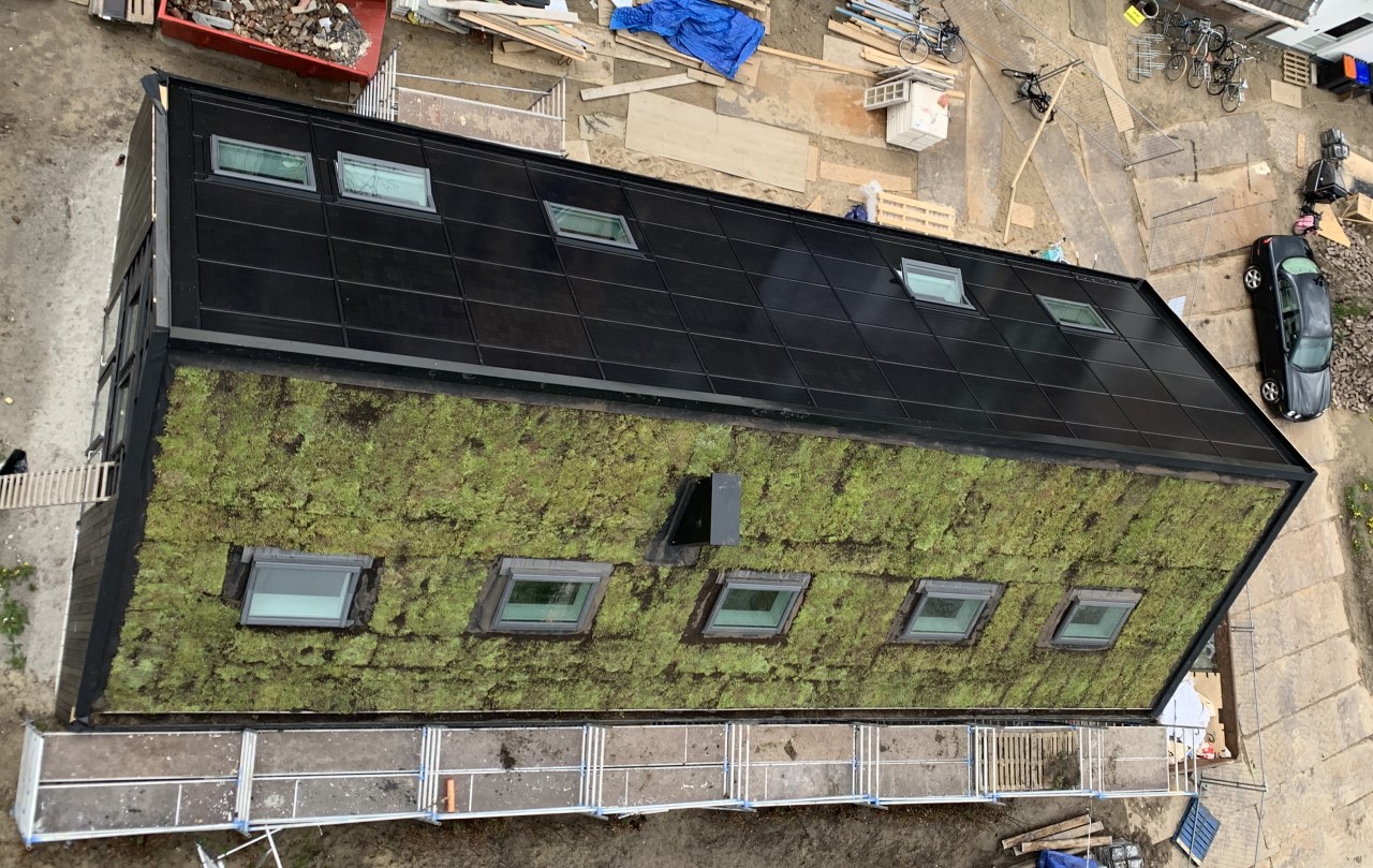 Roof with on one side solar panels and Sedum plants on the other