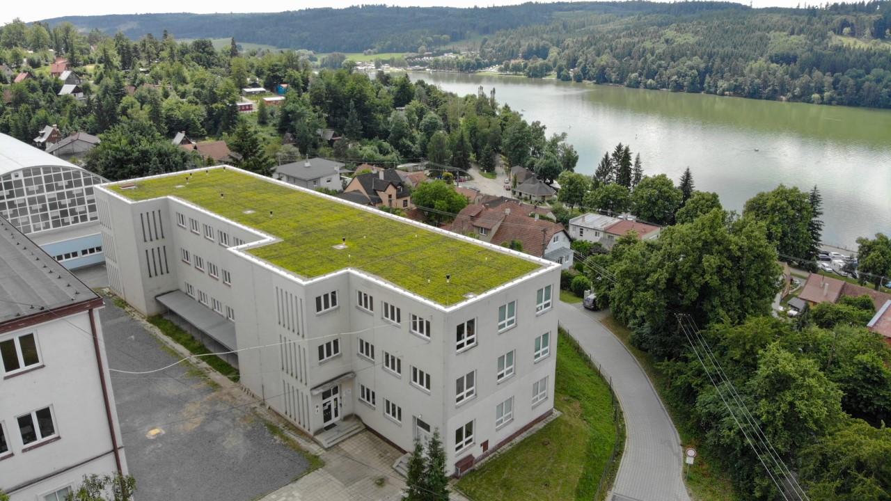 Sempergreen groendak op een school in Tsjechië