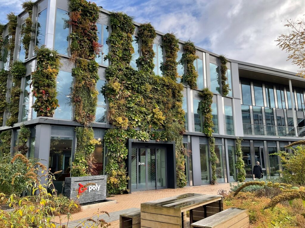 A stunning green facade on Poly's main office building