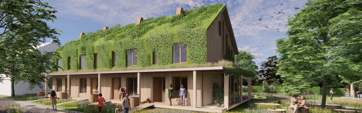 Visualisatie van Het Natuurhuis met groene daken