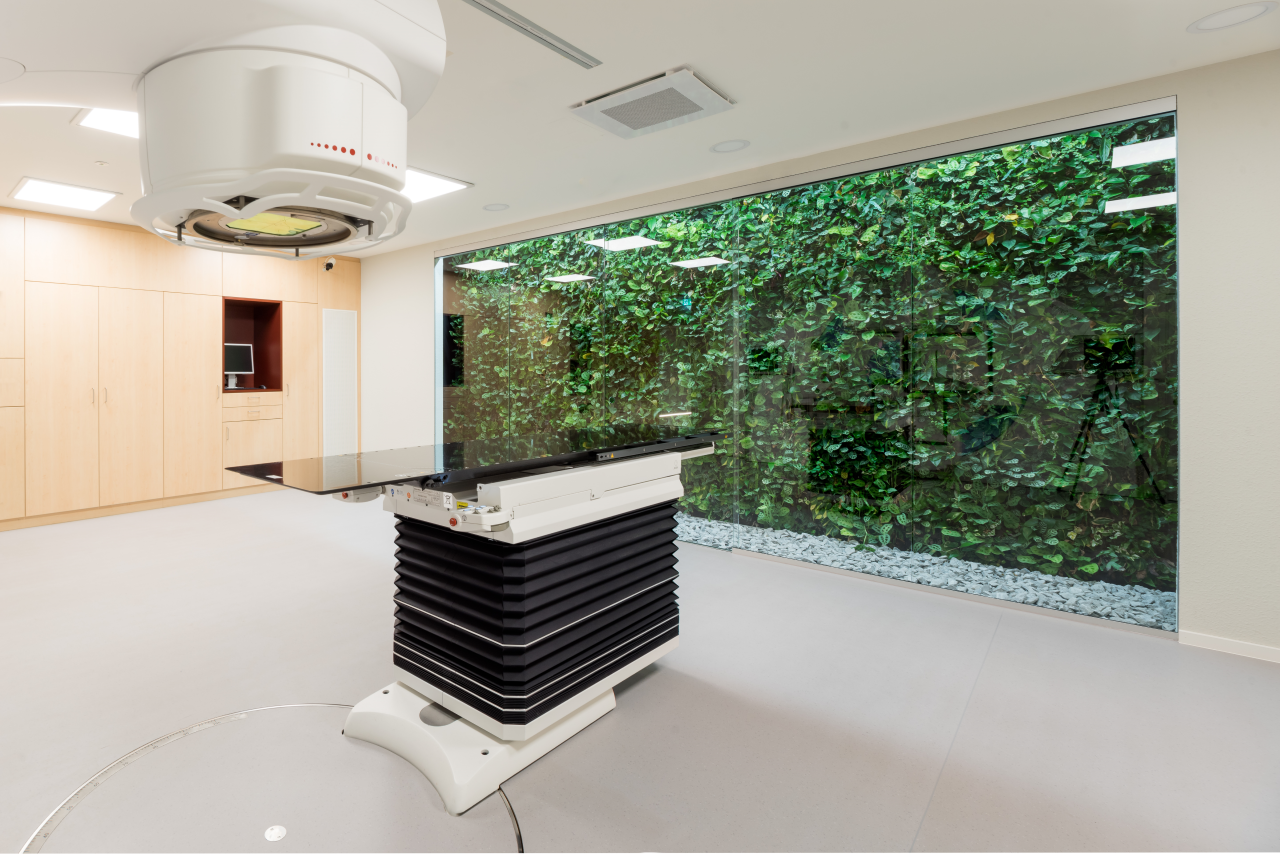 Green indoor plantwall behind glass at a radiation centre