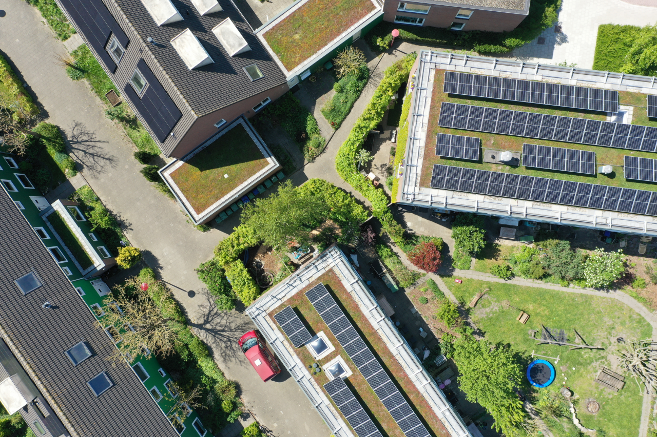 Yellow-green roof on housing association buildings