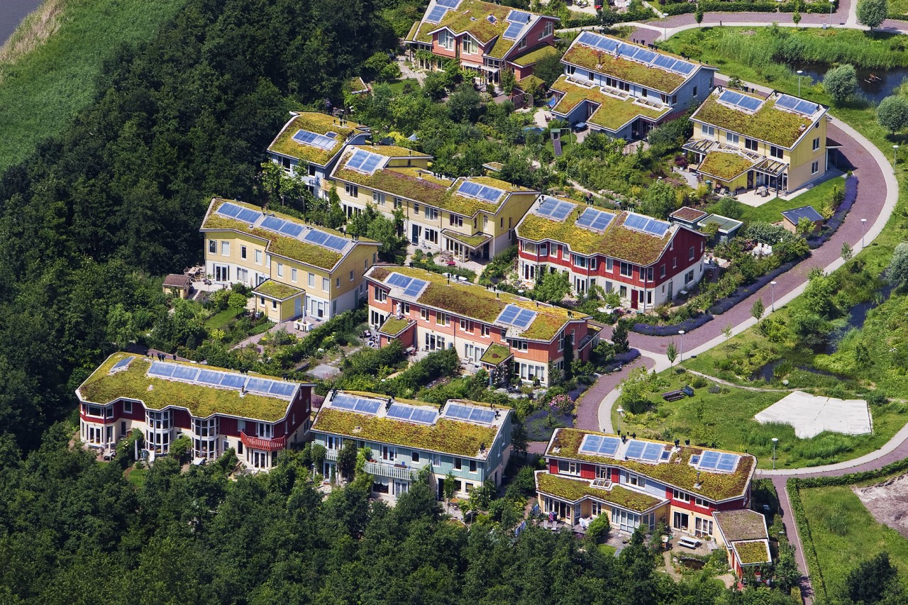 Beispiel eines grünen Wohnviertels mit geneigten Gründächern
