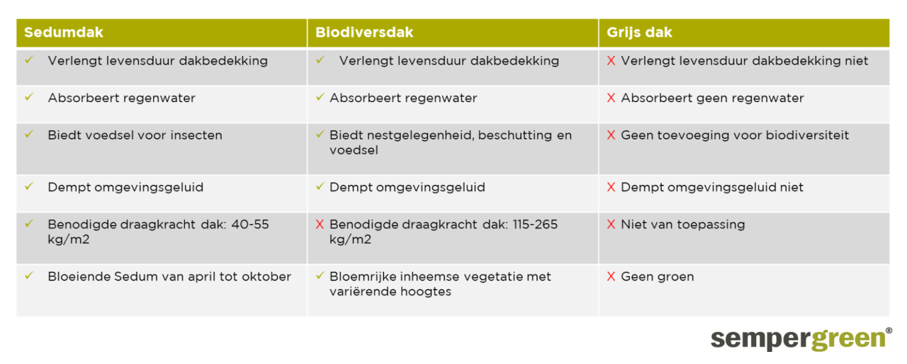 De verschillen tussen een Sedumdak een Biodivers groendak en een grijs dak.