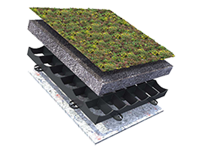 Gründach-Systemaufbau stark geneigtes Dach mit Sedum