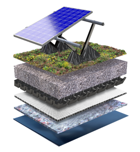 Groendak systeemopbouw plat dak met Sedum en zonnepanelen