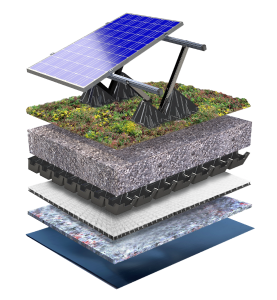 Systemaufbau Dachbegrünung Flachdach mit Sedum und PV-Module