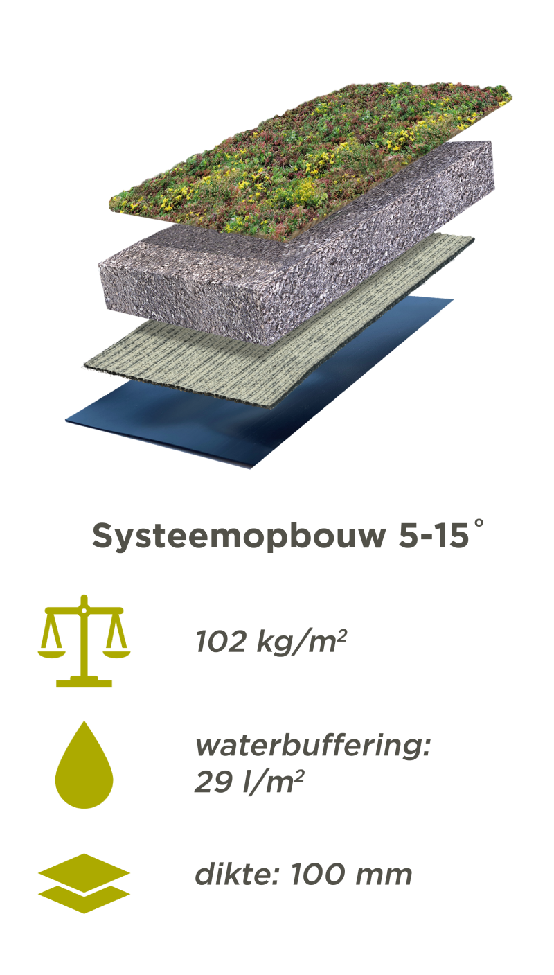 Systeemopbouw Traditioneel Sedumdak voor 5-15 graden dakhelling