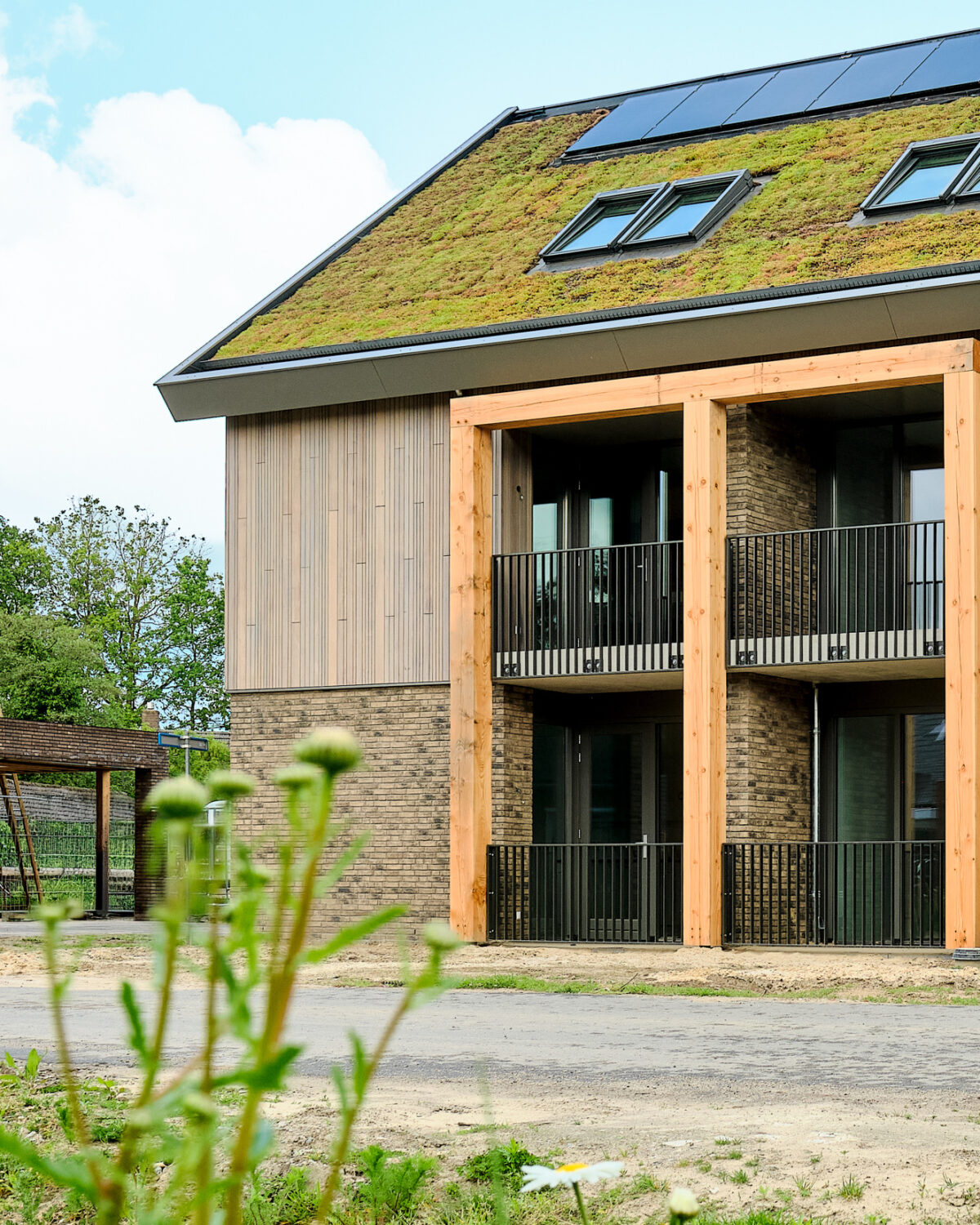immeuble d'habitation avec toiture végétalisée en pente