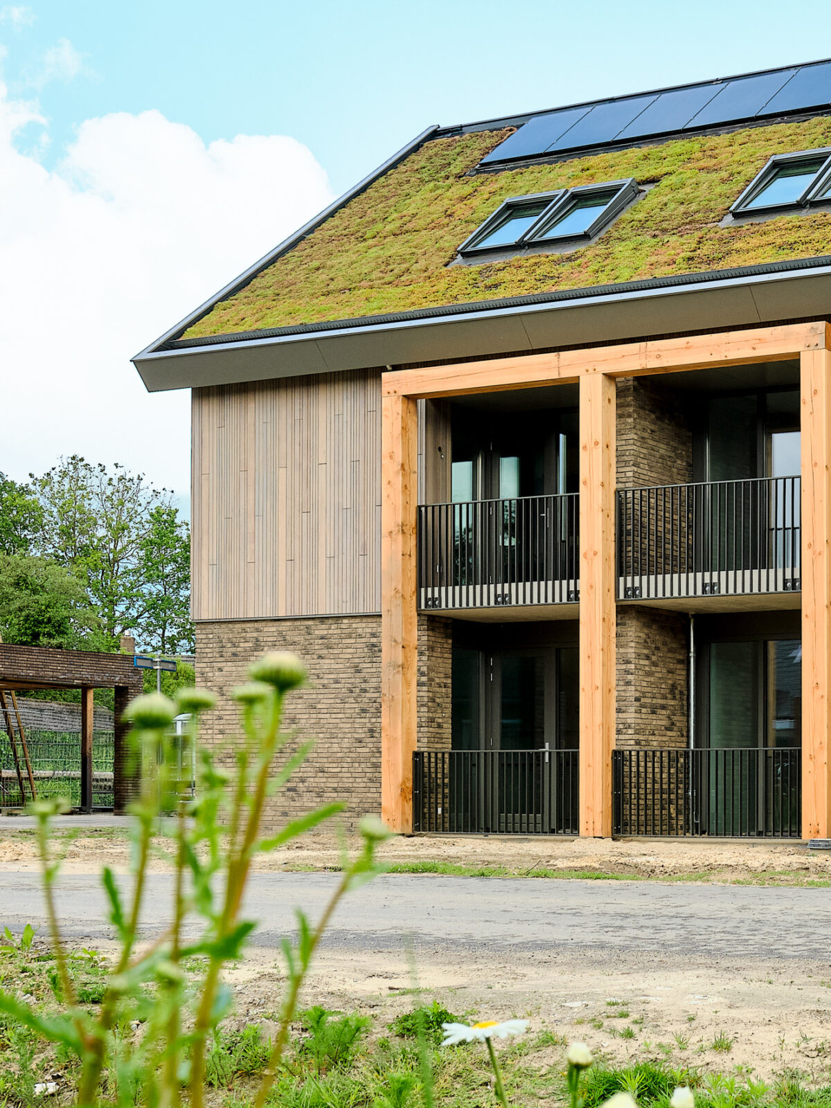 immeuble d'habitation avec toiture végétalisée en pente